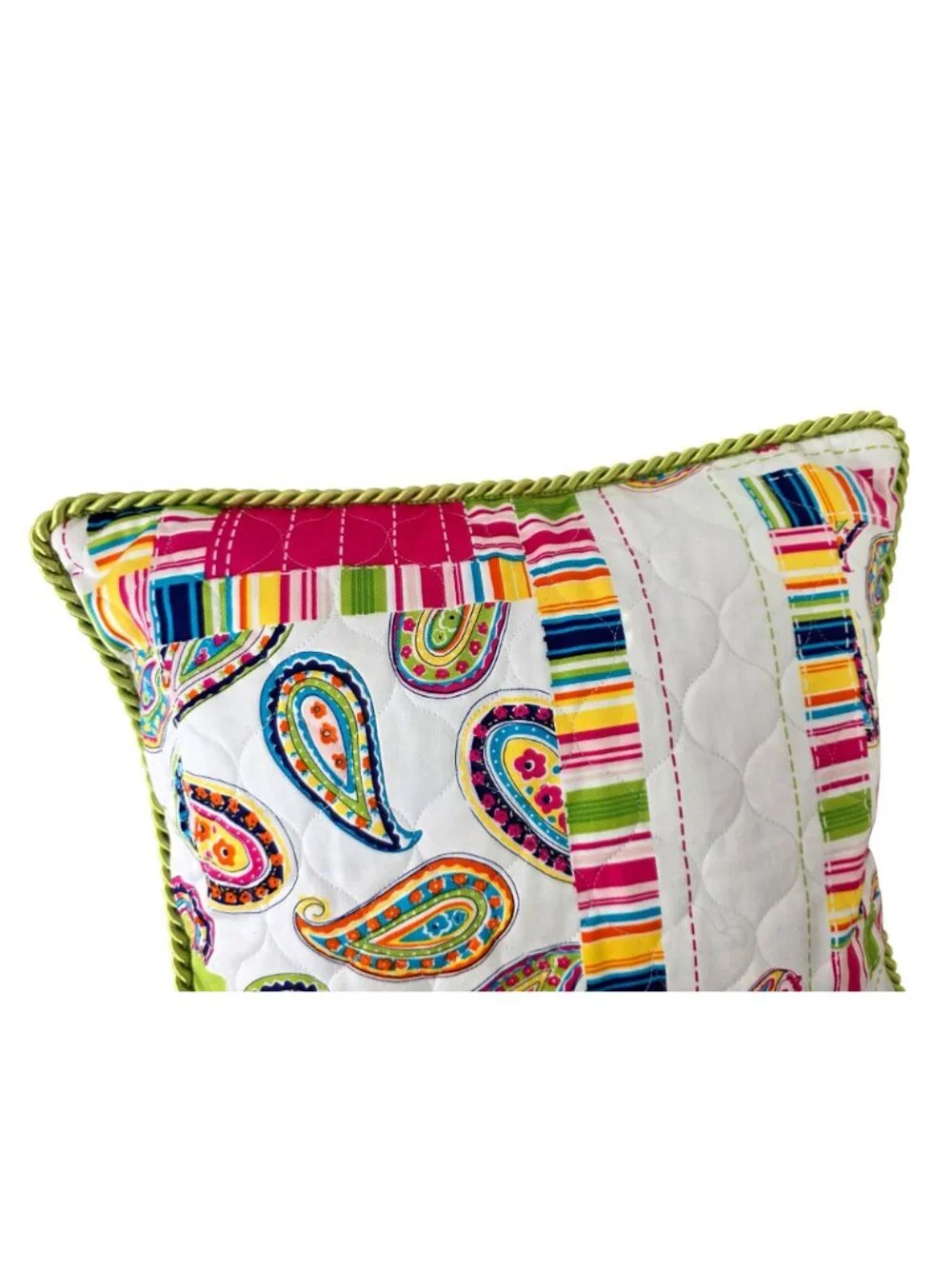 Handmade Quilted Pillow Cover 18x18 Boho Pink Paisley Green Rope Trim Zipper NEW